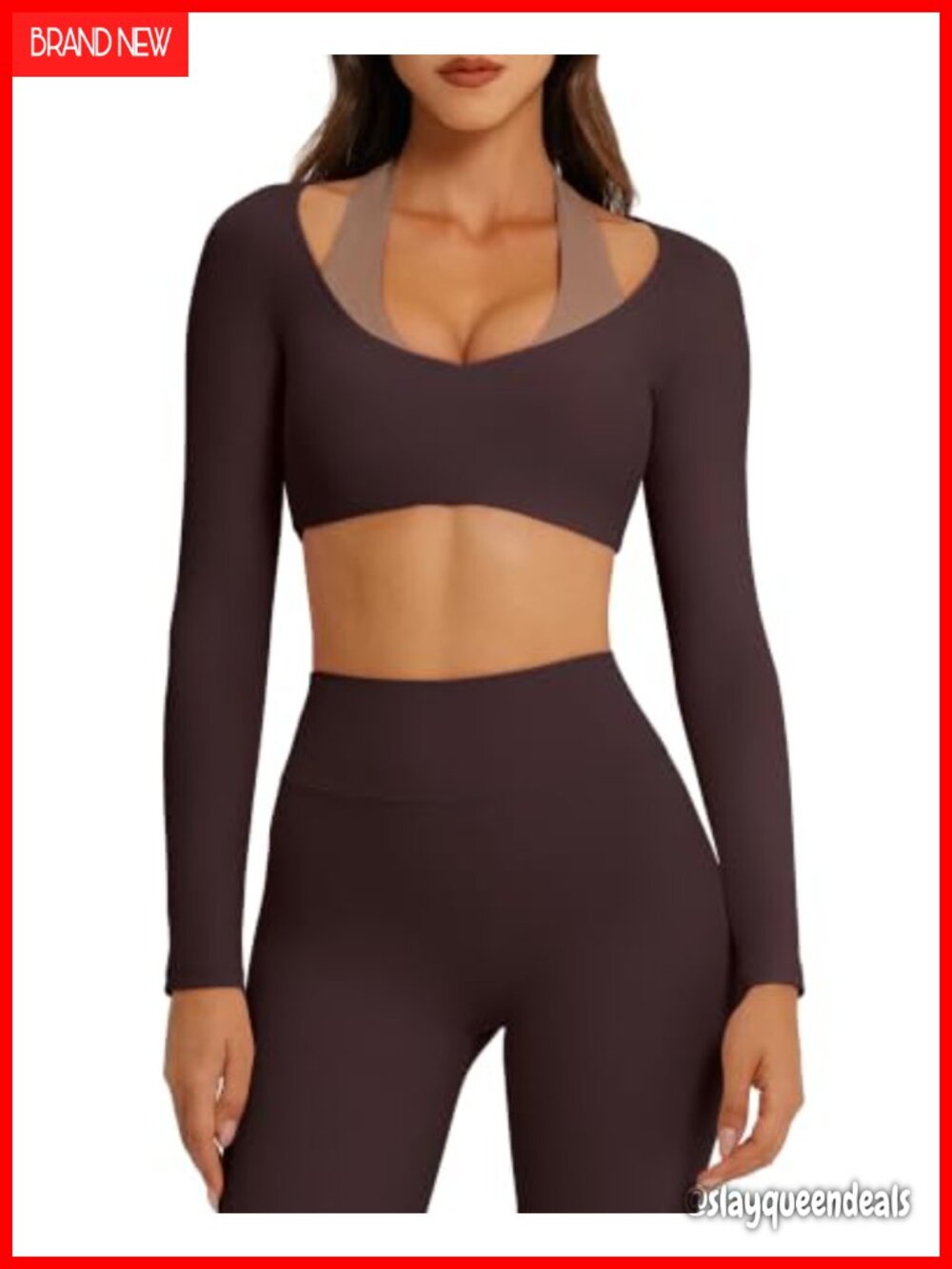 OMKAGI Women's Workout Set Long Sleeve Crop Top & Scrunch Leggings